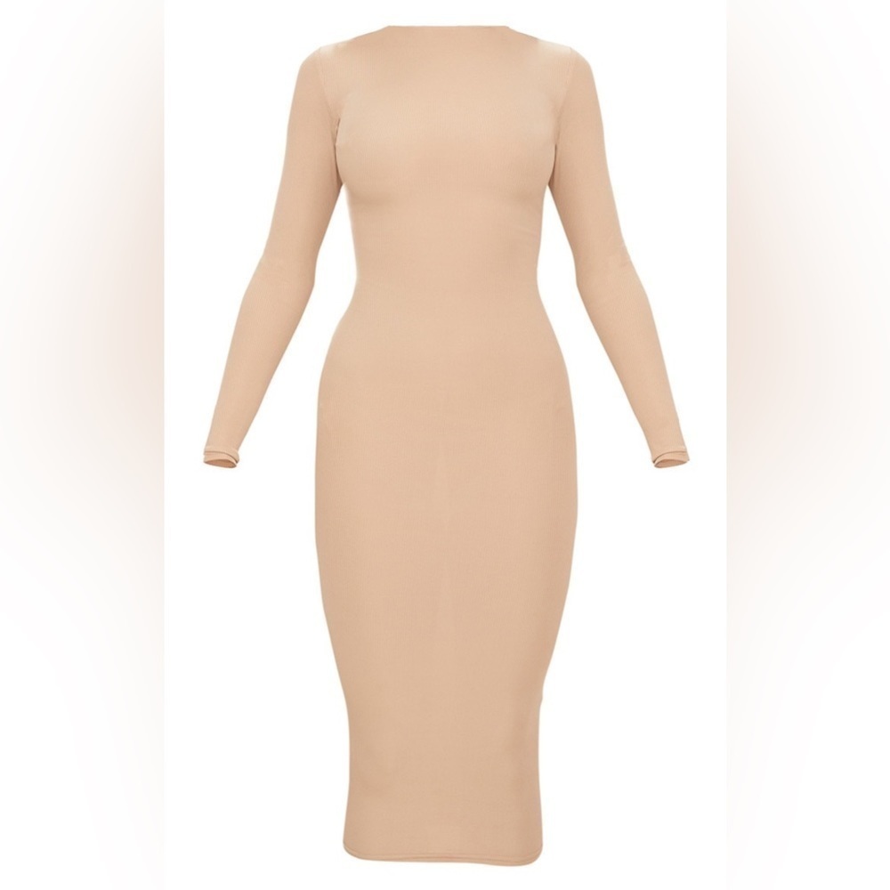 Pretty Little Thing Basic Stone Ribbed Sleeve Midi Dress in Size 2 - Picture 3 of 5